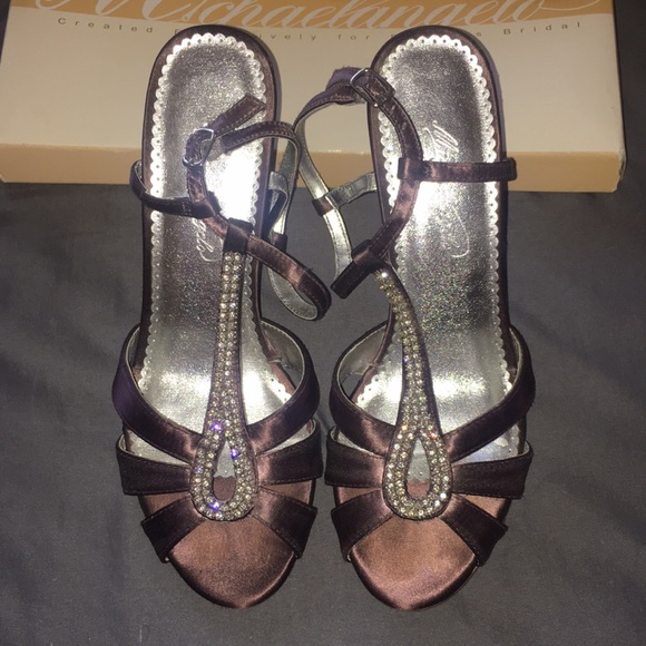 David’s Bridal/Michaelangelo “Willow” Embellished Espresso Wedges sz 8 - Picture 1 of 16